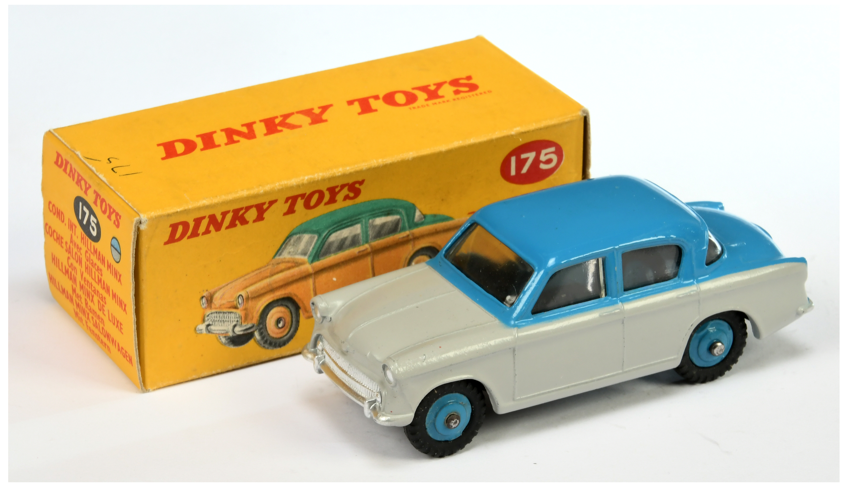 Dinky Toys 175 Hillman Minx Saloon Two-Tone Grey, mid-blue including rigid hubs with treaded tyre...