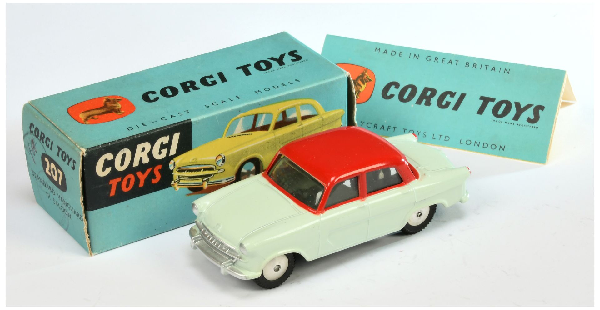 Corgi Toys 207 Standard Vanguard Saloon - Two-Tone - Very pale green with red upper, silver trim ...