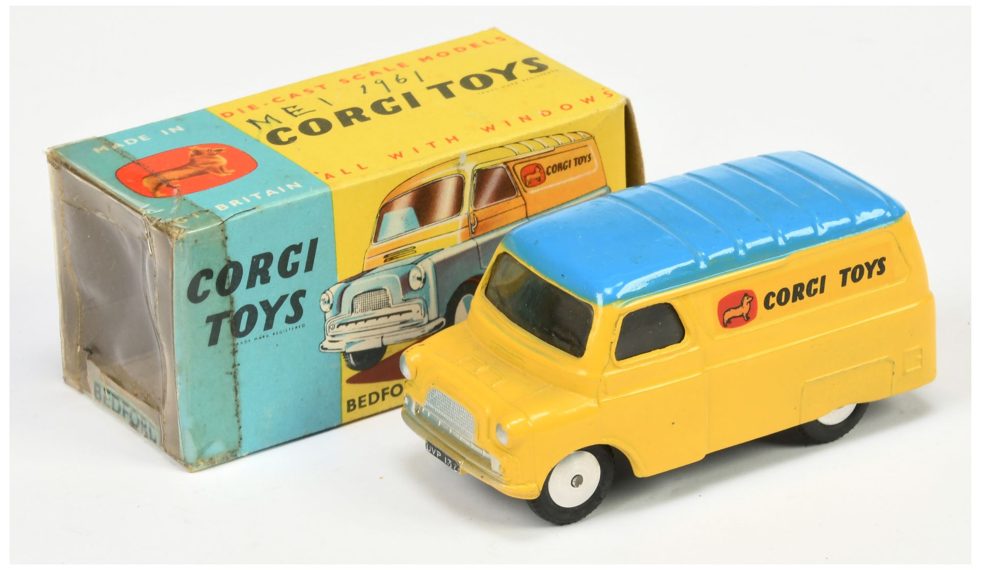 Corgi Toys 422 Bedford "Corgi Toys" Van - Yellow body with mid-blue ribbed roof, silver trim and ...