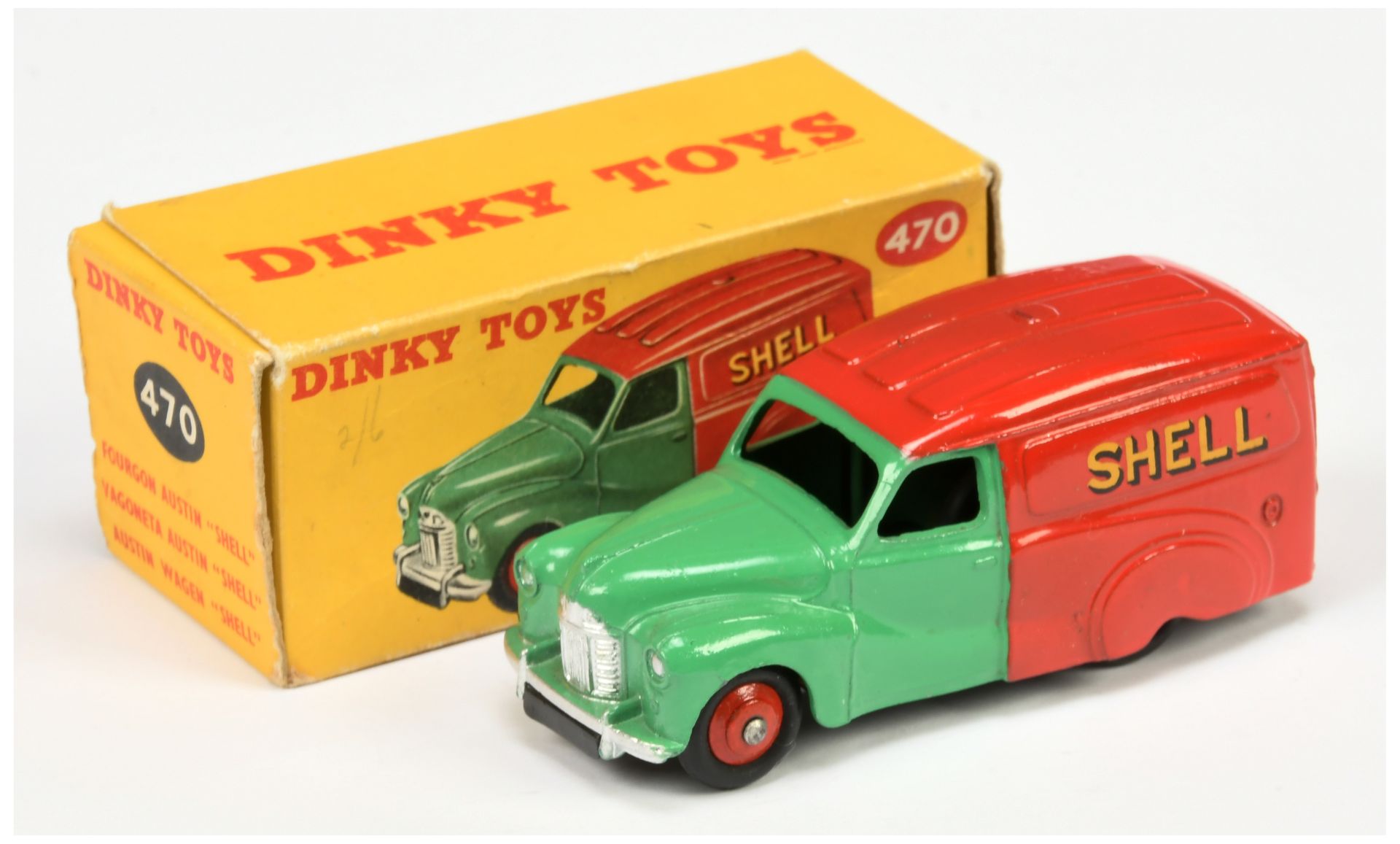 Dinky Toys 470 Austin Shell/BP" - Two-Tone Green and red including rigid hubs, silver trim