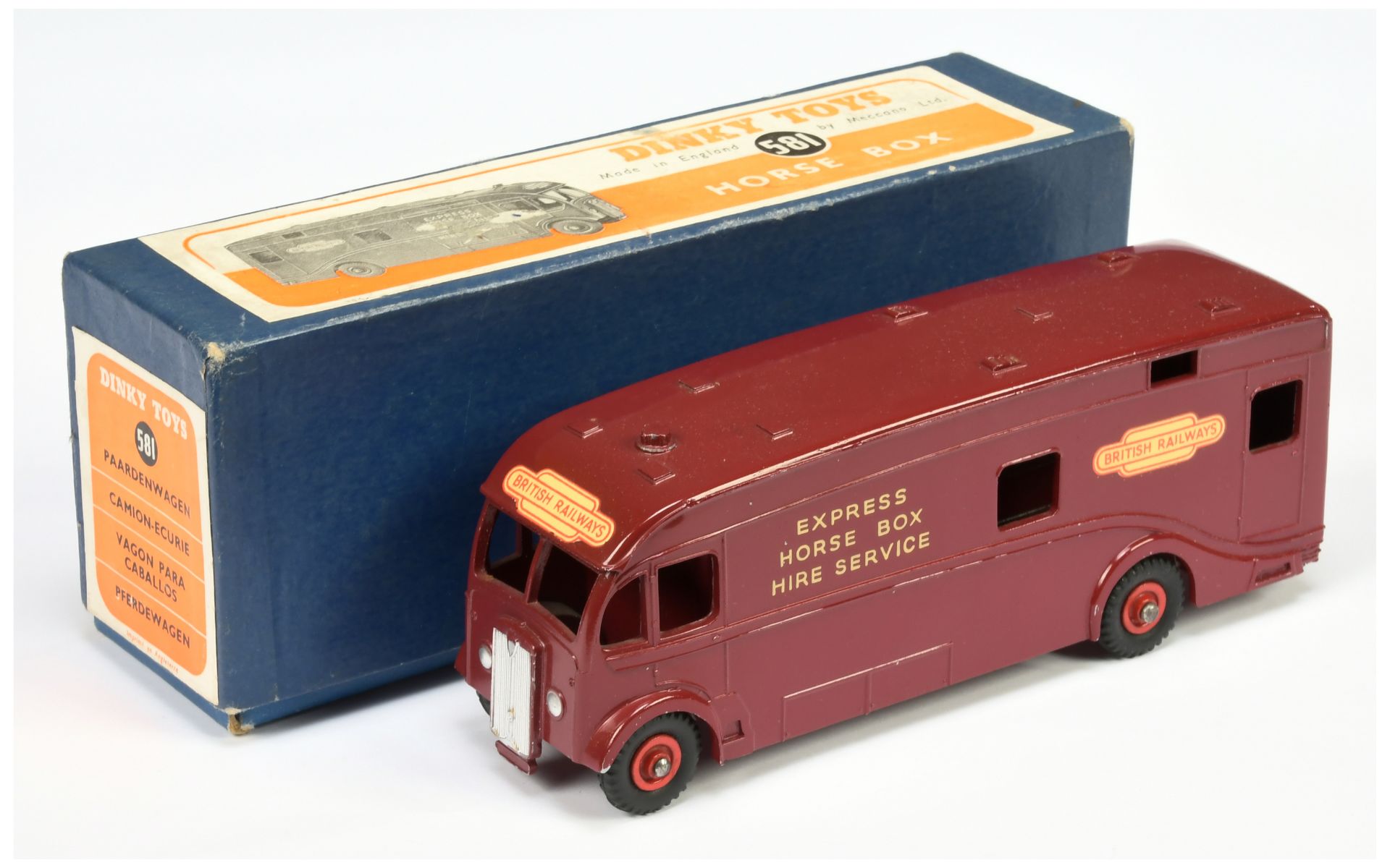 Dinky toys 581 Horse Box "British Railways Express Hire Service" - Maroon body, red supertoy hubs...