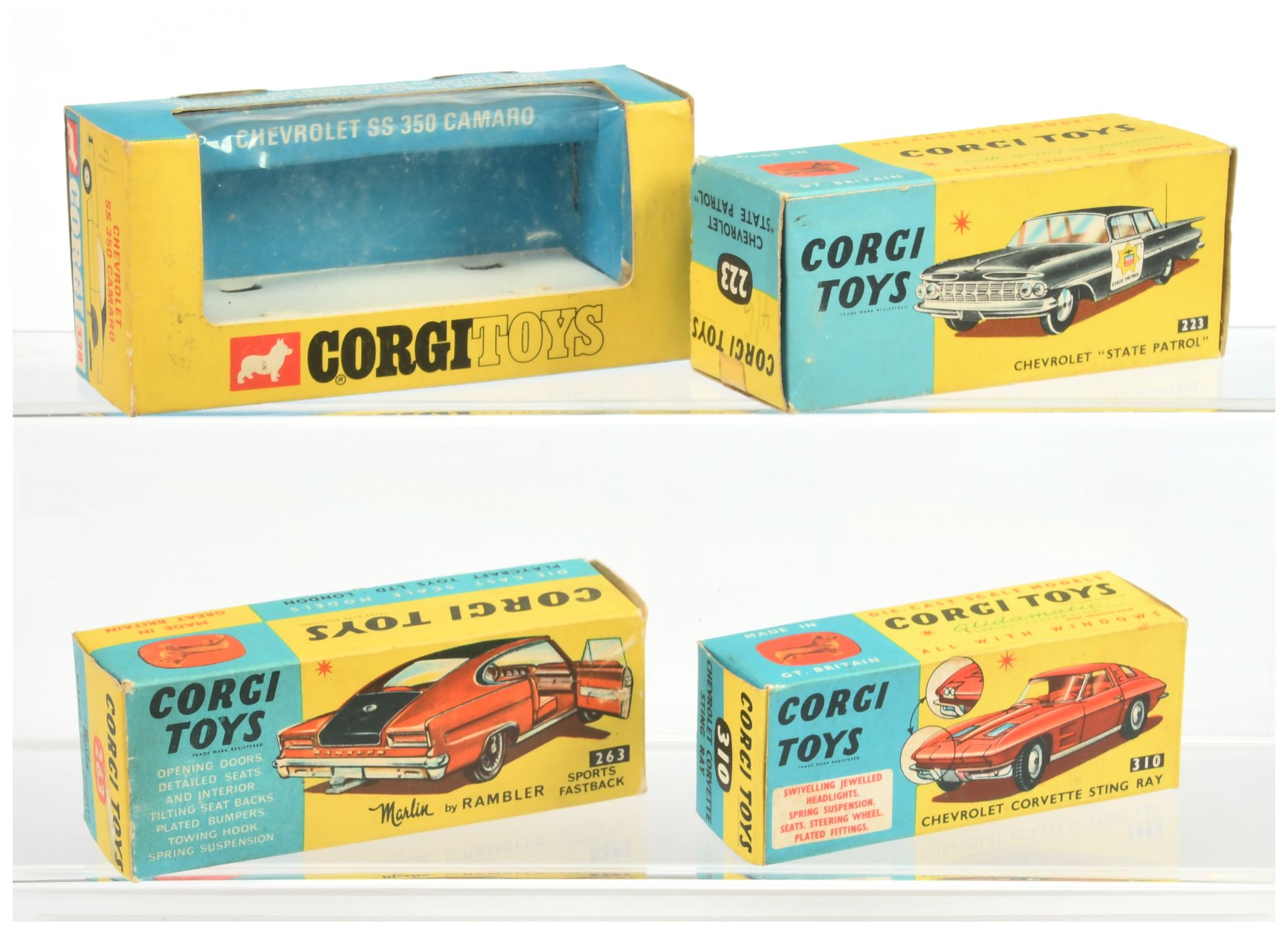 Corgi Toys Empty boxes  - (1) 223 Chevrolet Impala "State Patrol"  (2) 263 Marlin Rambler Fastbac...