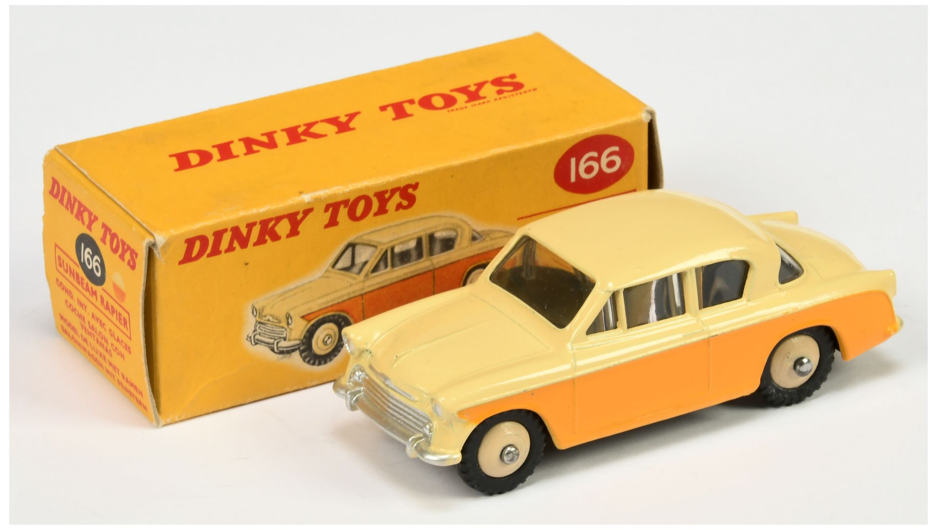 Dinky Toys 166 Sunbeam rapier Saloon - Two-Tone Cream and deep yellow, light beige hubs and silve...