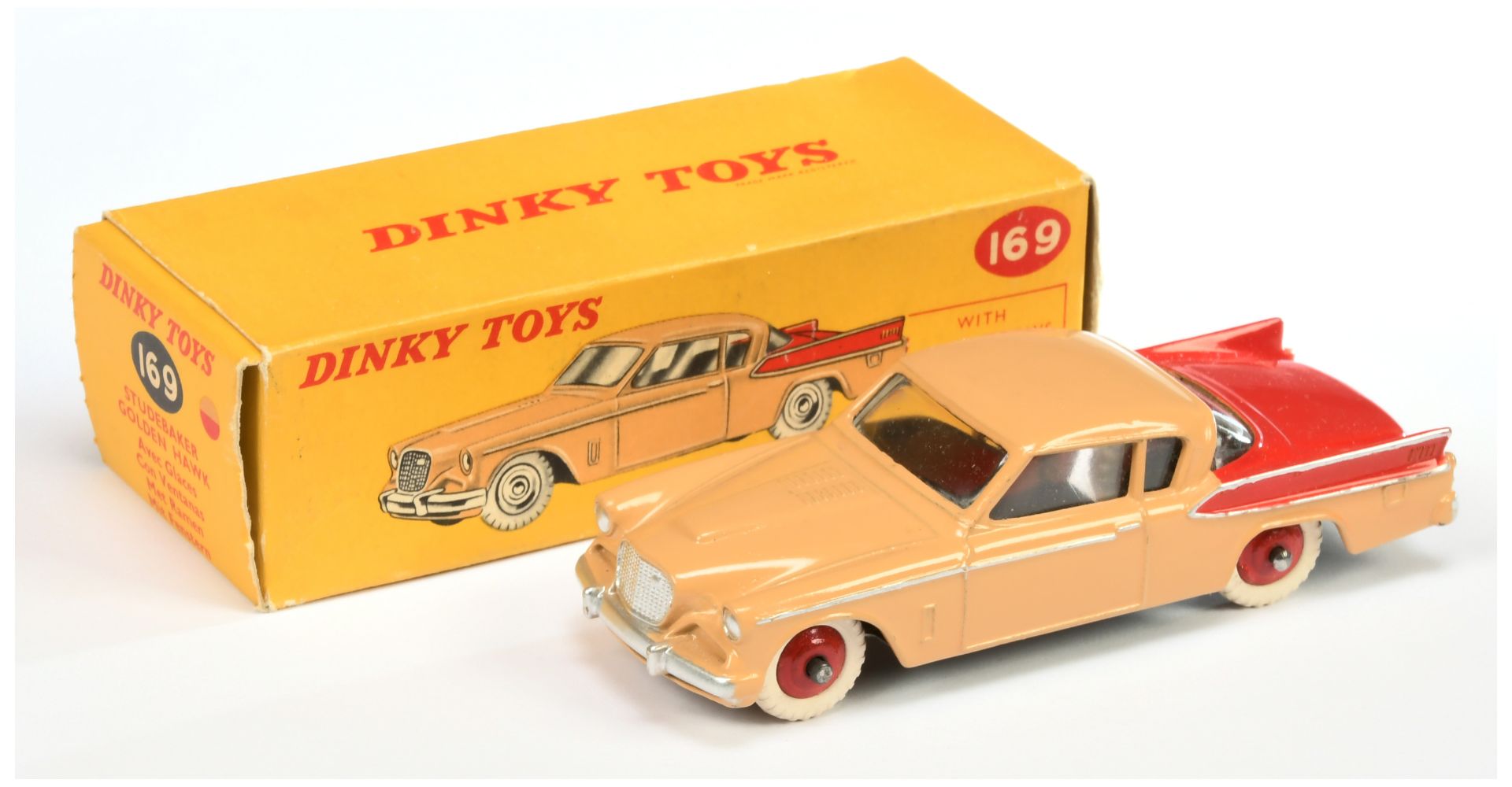 Dinky Toys 169 Studebaker Golden Hawk - Deep beige body with red back, side flashes and rigid hub...