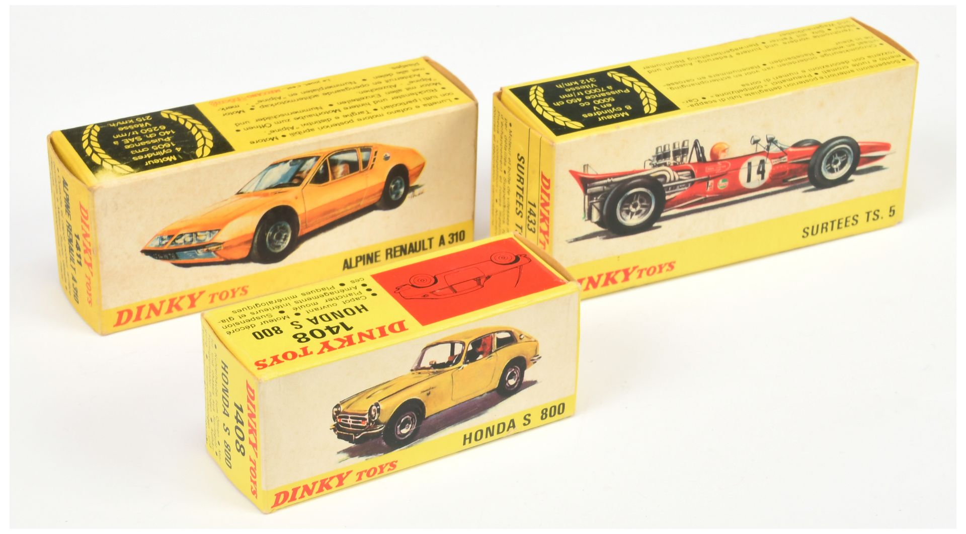 French Dinky Toys Empty boxes A Group - (1) 1408 Honda S800 Sports, (2) 1411 Alpine Renault A310 ...