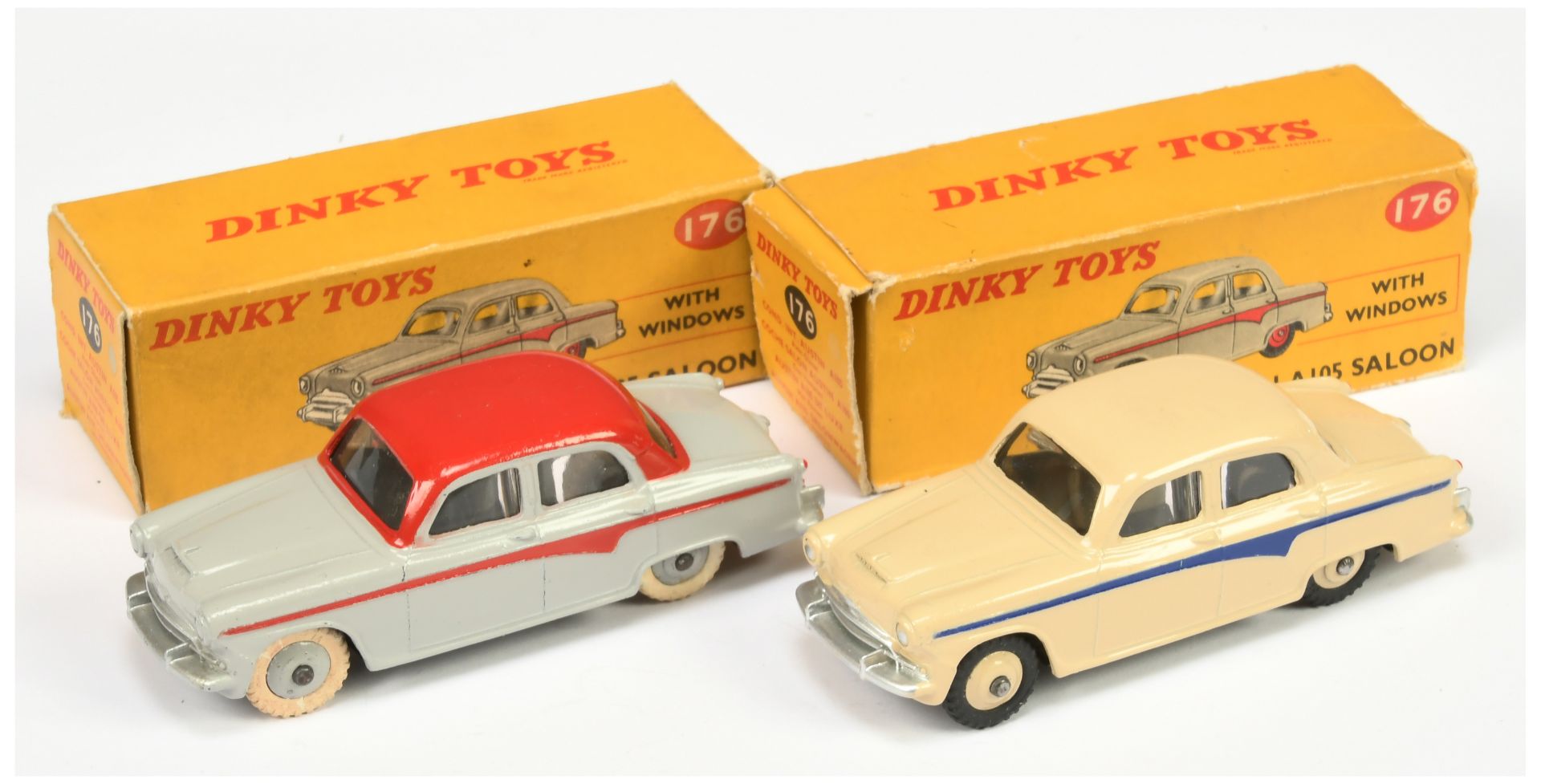 Dinky Toys 176 Austin A105 Saloon - Grey including rigid hubs with white treaded tyres, red roof ...