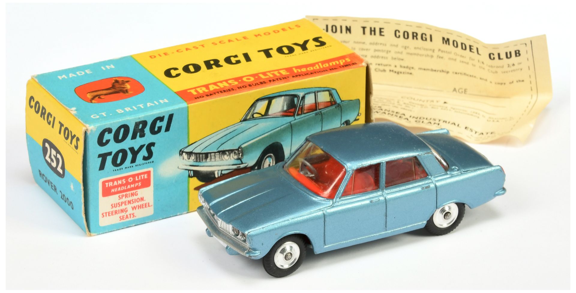 Corgi Toys 252 Rover 2000 - Steel Blue body, red interior, silver trim, spun hubs and "Trans-O-Li...