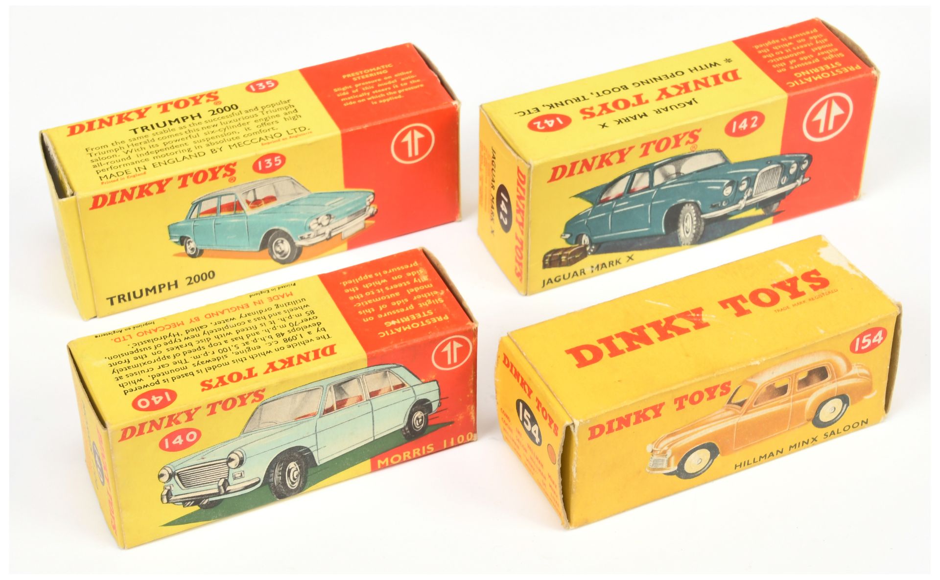 Dinky Toys Empty boxes A Group - (1) 135 Triumph 2000 Saloon, (2) 140 Morris 1100, (3) 142 jaguar...