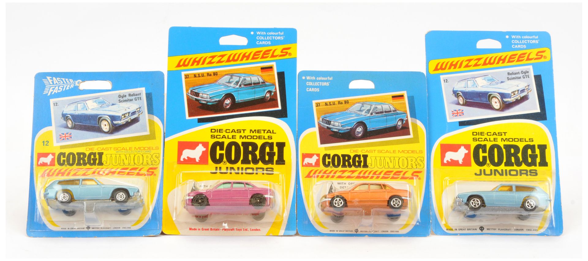 Corgi Toys Juniors Group Of 4 To Include (1) 12 Reliant Scimitar GTE - Steel Blue body, amber win...
