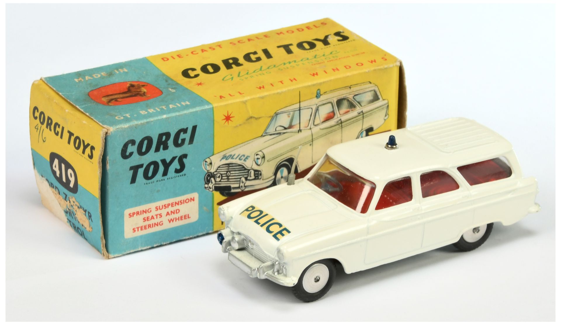 Corgi Toys 419 Ford Zephyr "Police" Estate Car - White Body, red interior, silver trim, small blu...