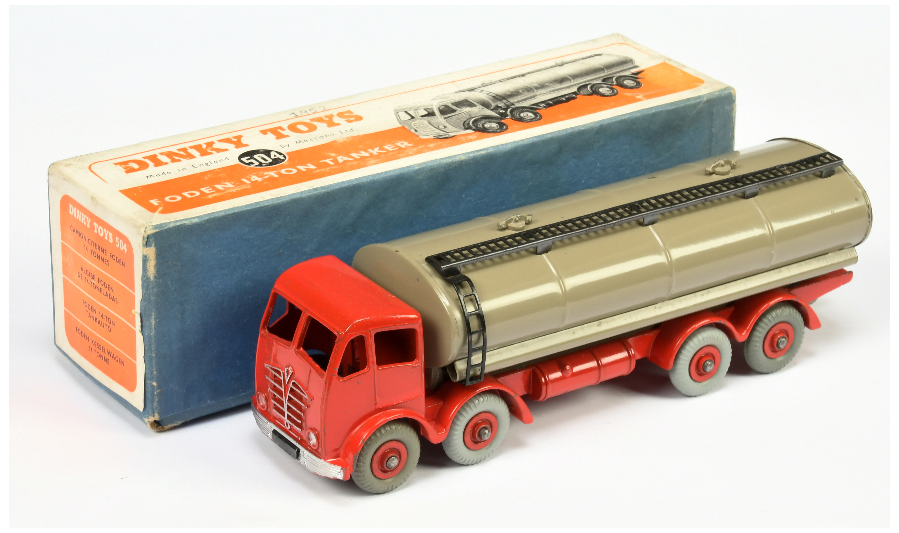 Dinky Toys 504 Foden (type 2) Tanker - Red cab, chassis and supertoy hubs with grey tyres,  fawn ...