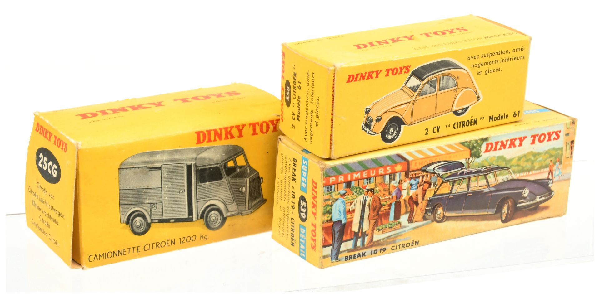 French Dinky Toys Empty boxes A Group  - (1) 25CG Citroen Type H Van "Gervais" , (2) 539 Citroen ...