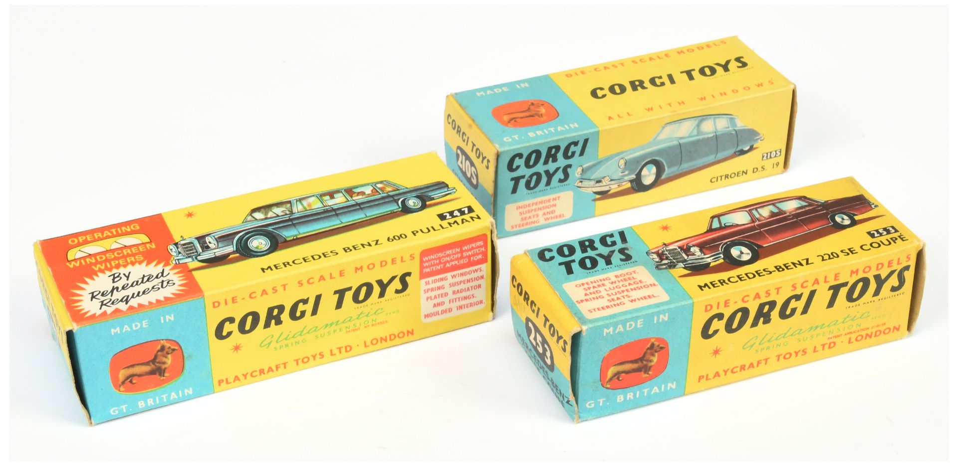 Corgi Toys Empty boxes  - (1) 210S Citroen DS19  (2) 247 Mercedes Pullman 600 and (3) 253 Mercede...