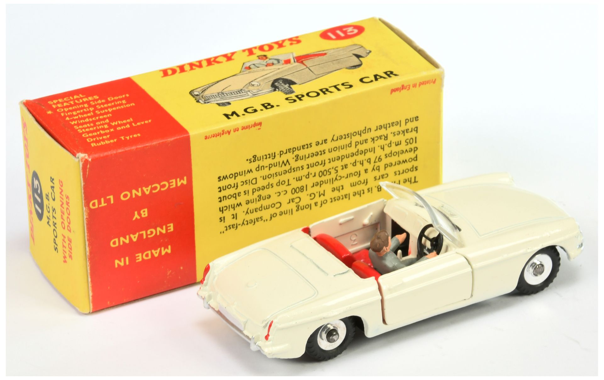 Dinky Toys 113 MGB Sports Car -  Red interior with figure, silver trim and chrome spun hubs  - Image 2 of 2