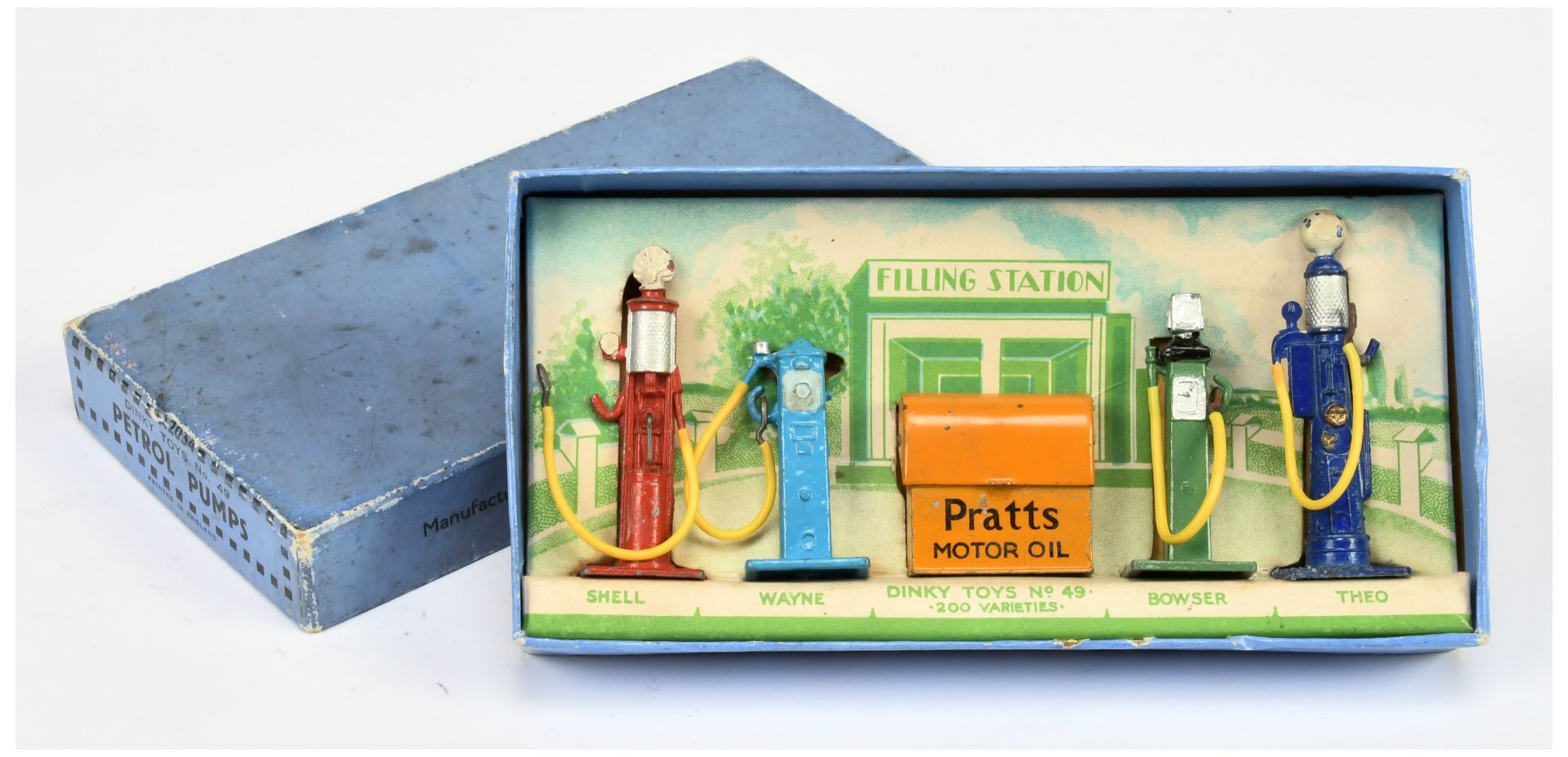 Dinky Toys Pre-war 49 Petrol Pumps Set To Include "Pratt's" Oil Bin and 4 X Pumps Red, Green, Blu...