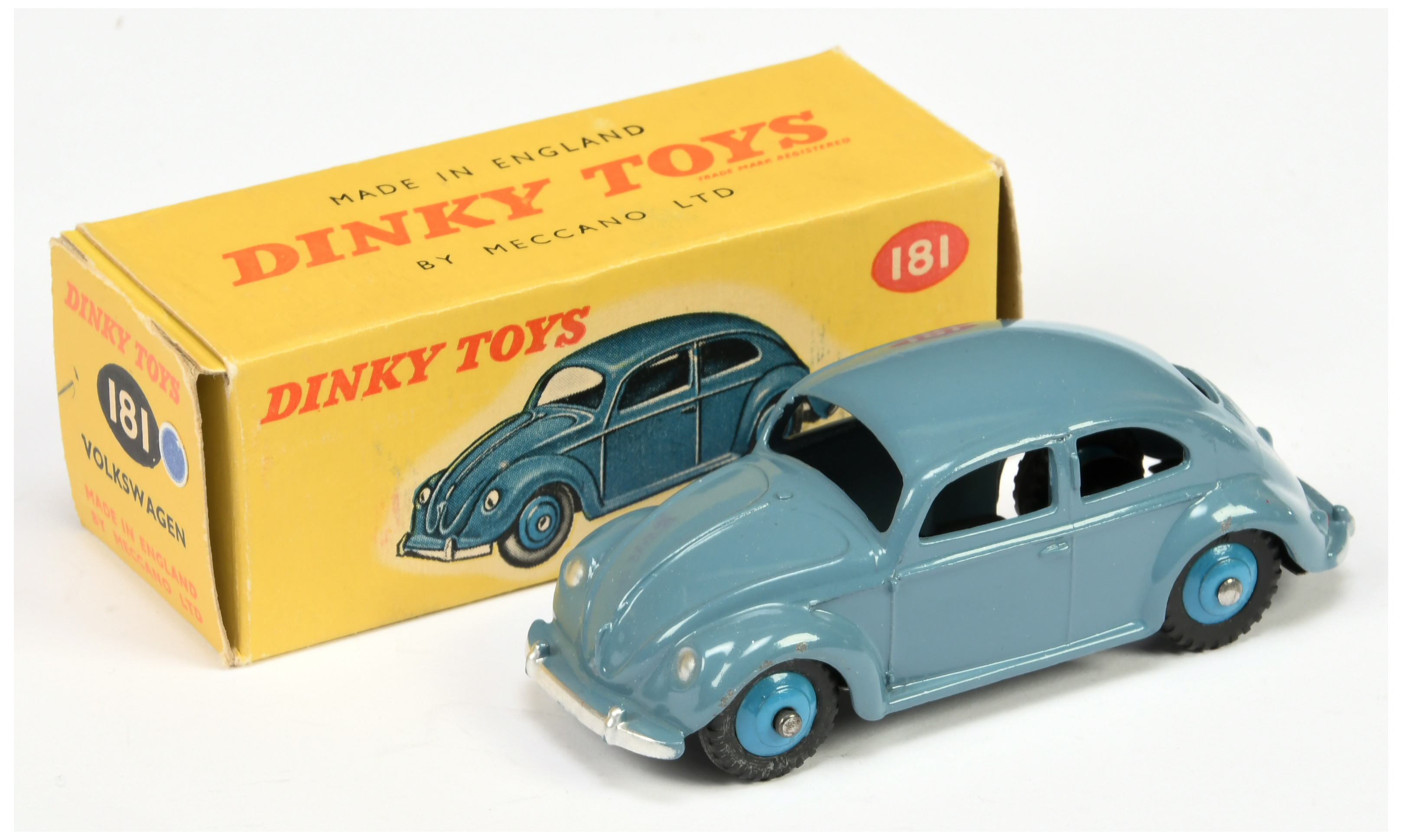 Dinky Toys 181 Volkswagen Saloon (beetle)  - Greyish-blue body, mid-blue rigid hubs, silver trim 