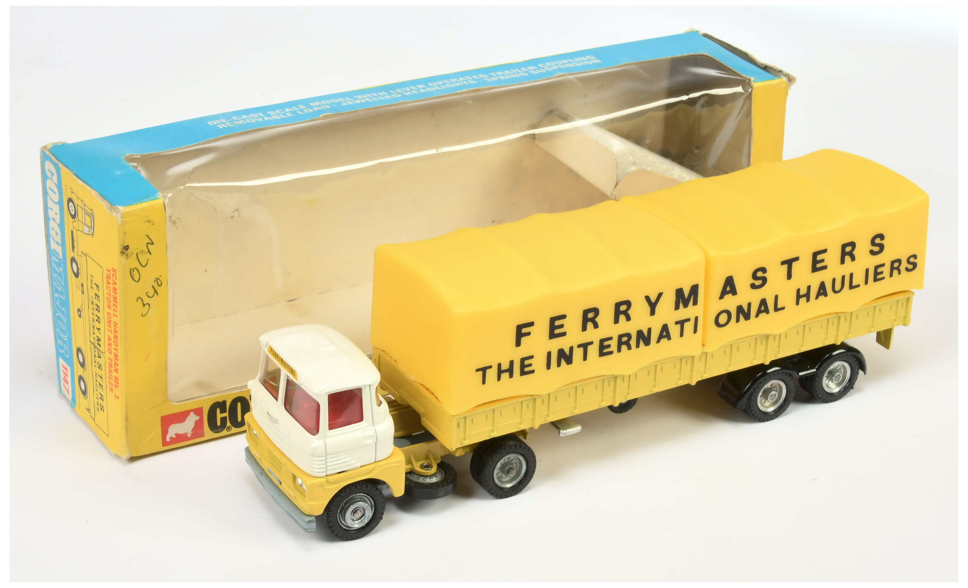 Corgi Toys 1147 Scammell "Ferrymasters"  Truck and Trailer - White and yellow cab with red interi...