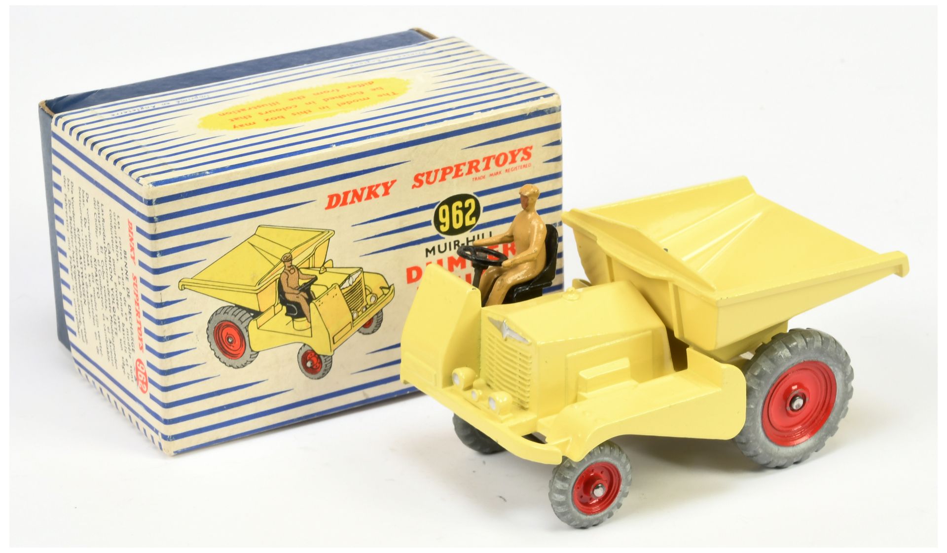 Dinky Toys 962 Muir-Hill Dumper Truck - Yellow body and tipper, red metal wheels, tan figure driv...