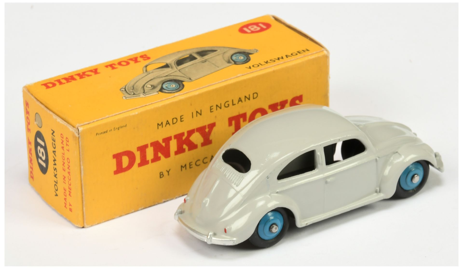 Dinky Toys 181 Volkswagen Saloon (beetle)  - Grey body, mid-blue rigid hubs, silver trim - Image 2 of 2