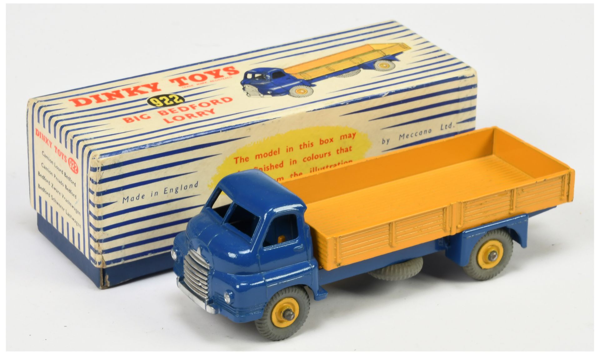 Dinky Toys 922 Big Bedford Lorry - Blue cab and chassis, yellow open back and supertoy hubs with ...
