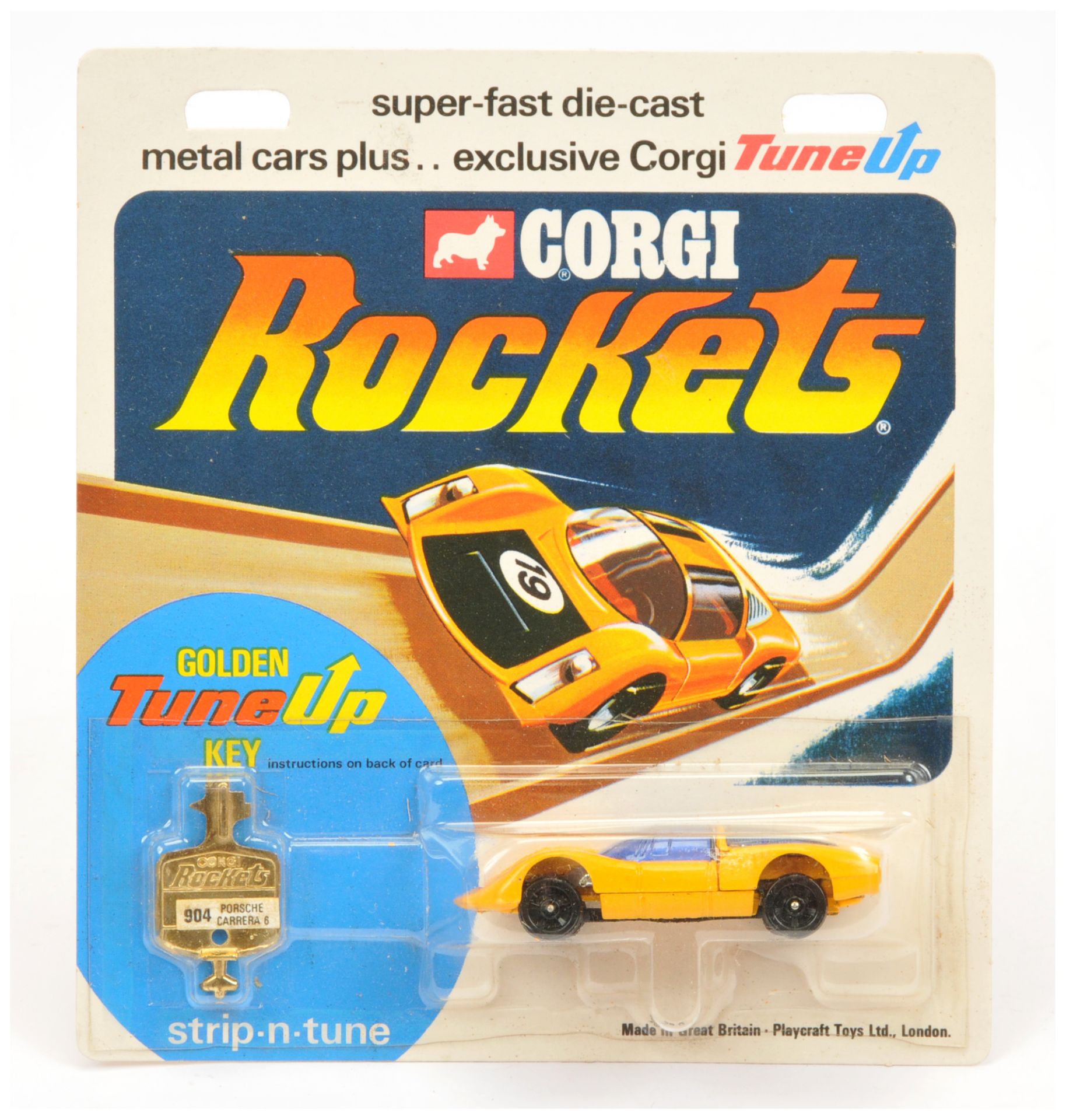 Corgi Toys Rockets D904 Porsche Carrera 6 Racing Car - Yellow, red bonnet, blue windows and racin...