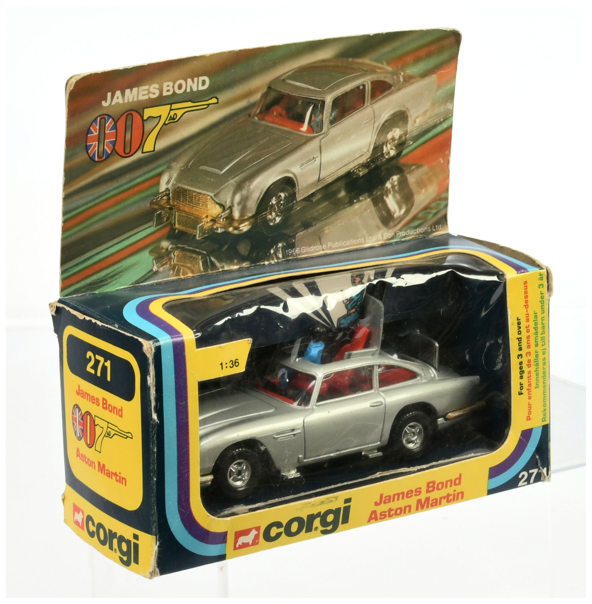 Corgi toys 271 "James Bond" 1/36th Scale Aston Martin DB5 - Silver- grey, red interior with "Jame...