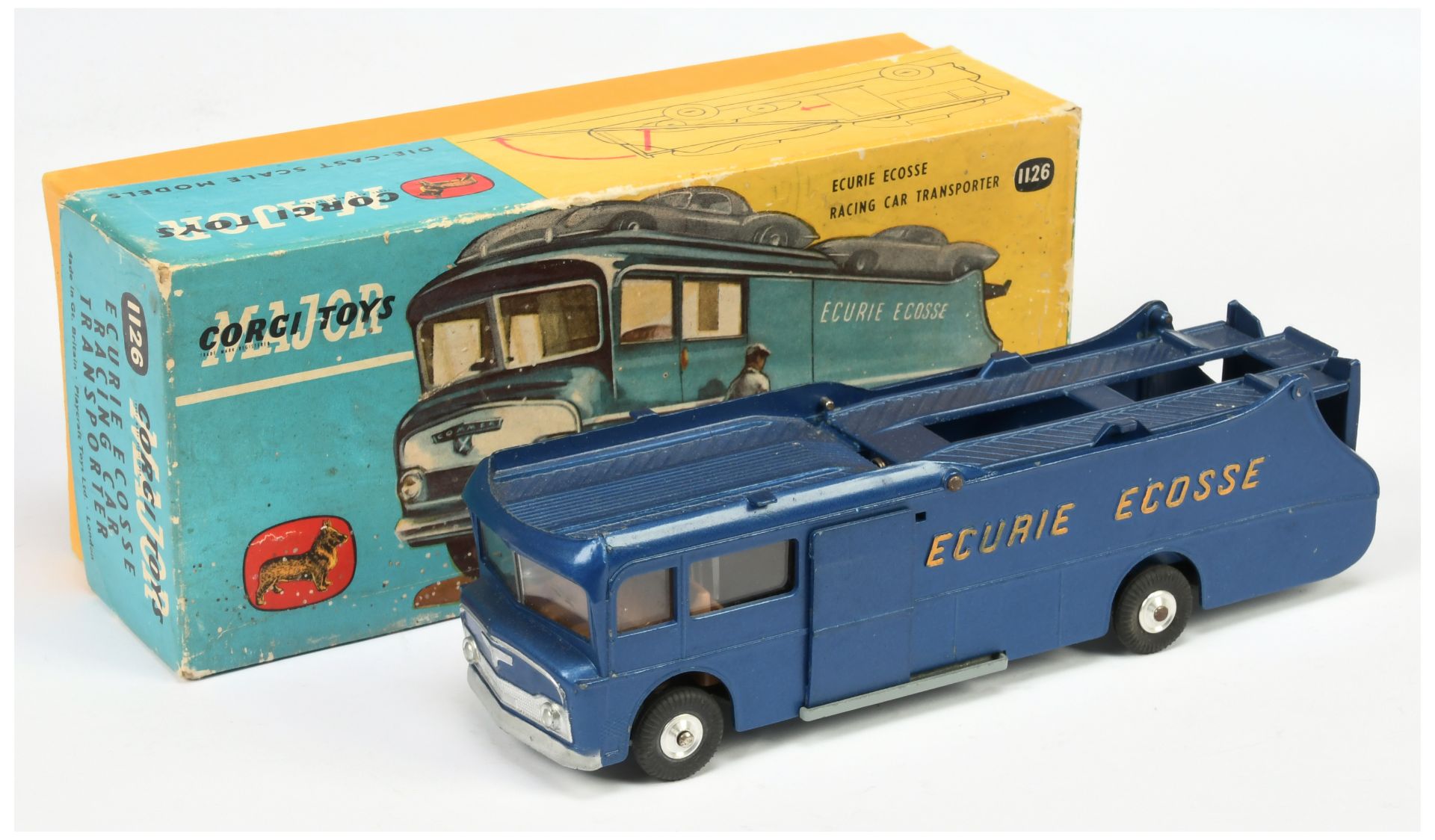 Corgi Toys 1126 Ecurie Ecosse Racing Car Transporter - Blue body with yellow lettering, brown int...