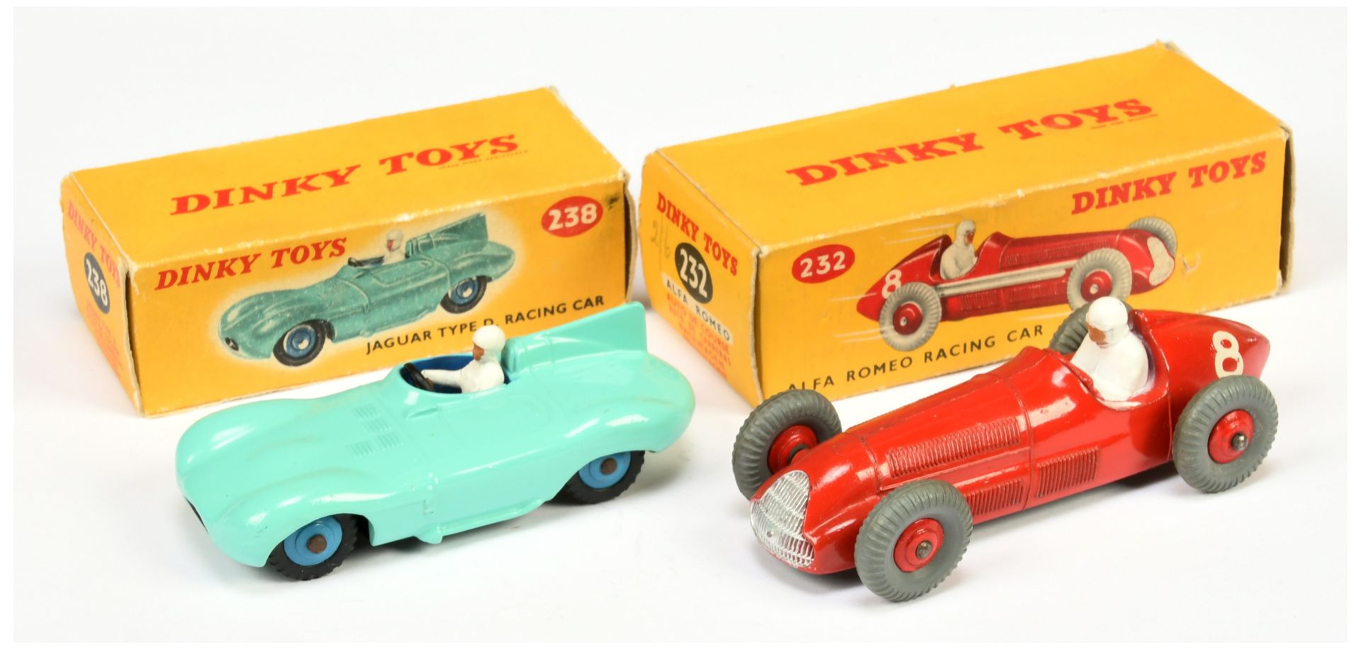 Dinky Toys 232  Alfa Romeo racing Car - red body and rigid hubs, silver grille and 238 Jaguar Typ...