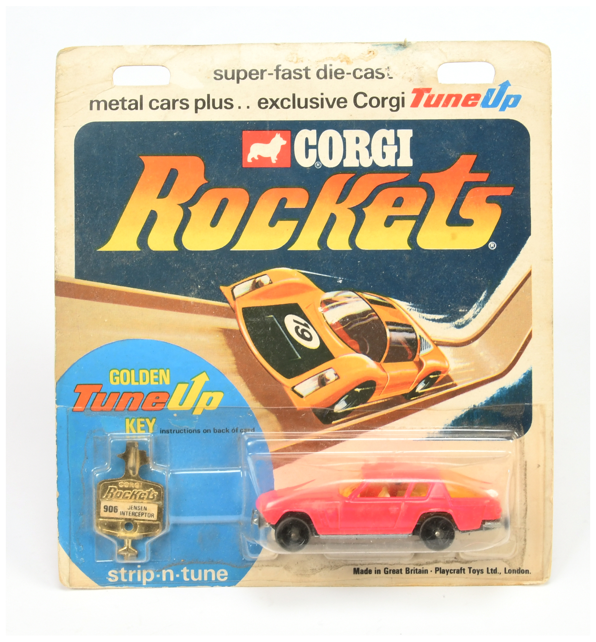 Corgi Rockets D906 Jensen Interceptor - Fluorescent Pink body, white interior and amber windows