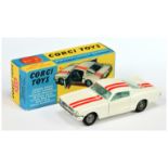 Corgi Toys 325 Ford Mustang fastback - White body with red stripes, pale blue interior, chrome tr...