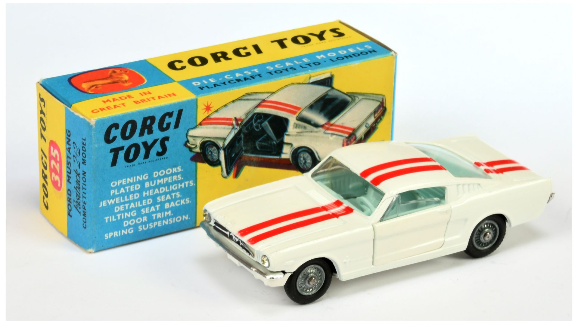 Corgi Toys 325 Ford Mustang fastback - White body with red stripes, pale blue interior, chrome tr...