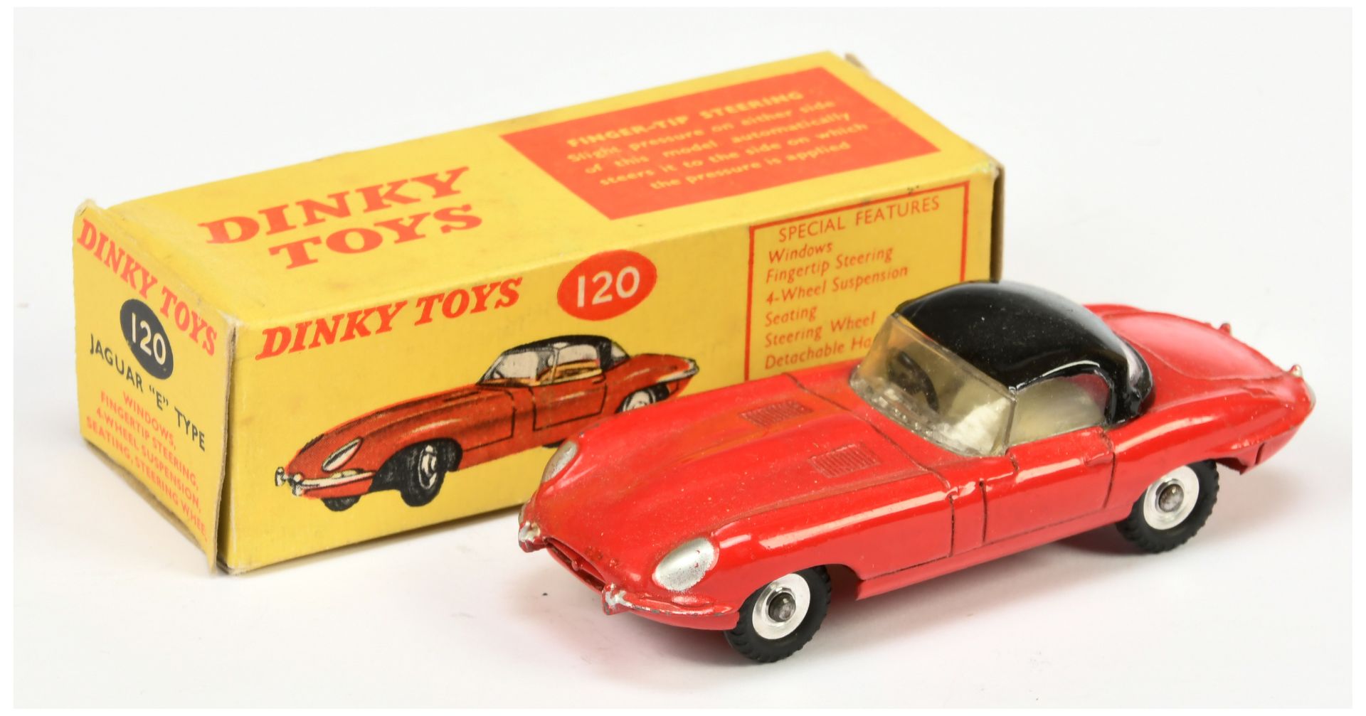 Dinky Toys 120 Jaguar Type E Sports Car - Red body, black detectable hood, silver lights, chrome ...