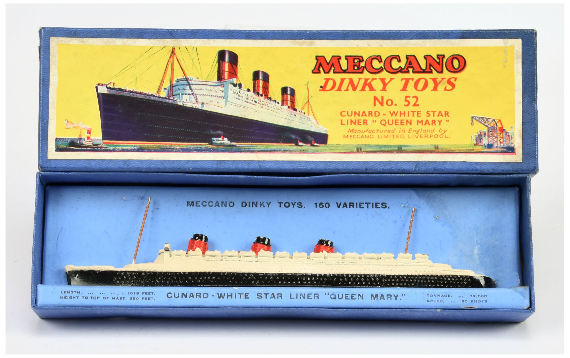 Dinky Toys Pre-War 52 Cunard White Star "Queen Mary" Liner - White, black and red with 2 X Masts ...