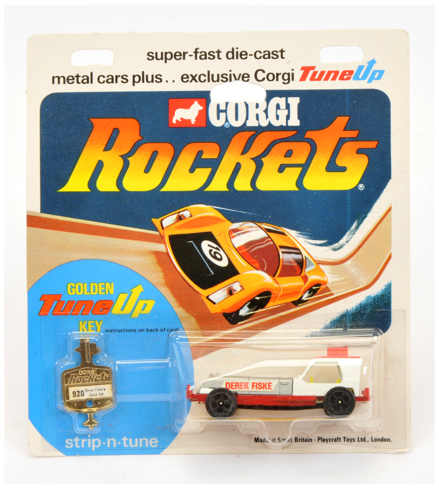 Corgi Toys Rockets D920 "Derek Fiske's" Stock Car - White body, red chassis, yellow interior with...