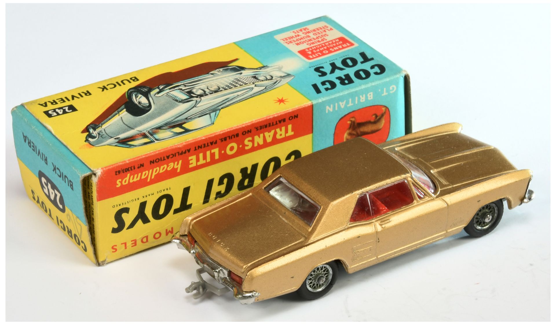 Corgi Toys 245 Buick Riviera - Gold body, red interior, chrome trim, wire wheels and grey plastic... - Image 2 of 2