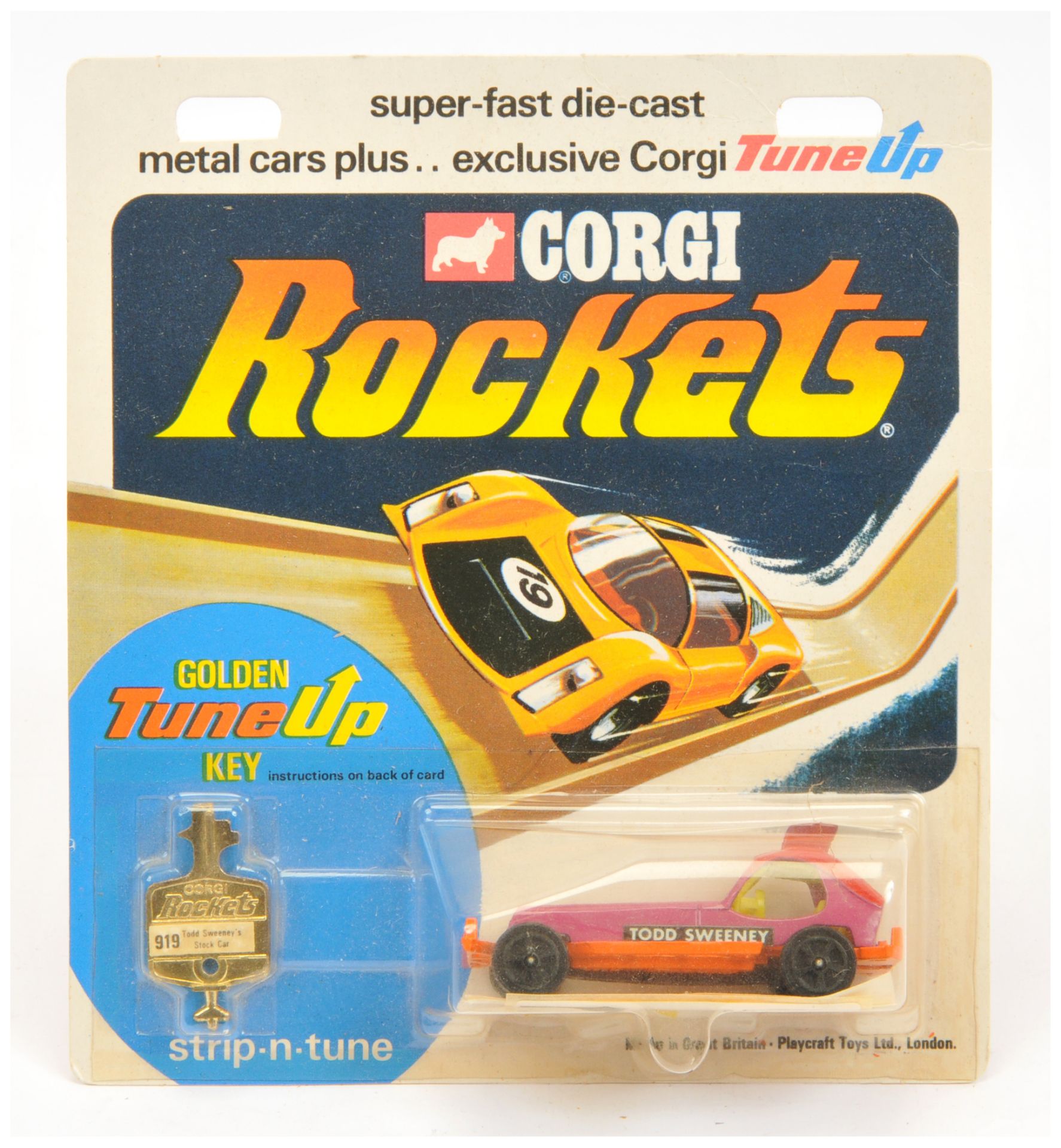 Corgi Toys Rockets D919 "Todd Sweeny's" Stock Car - Purple body, orange chassis, yellow interior ...