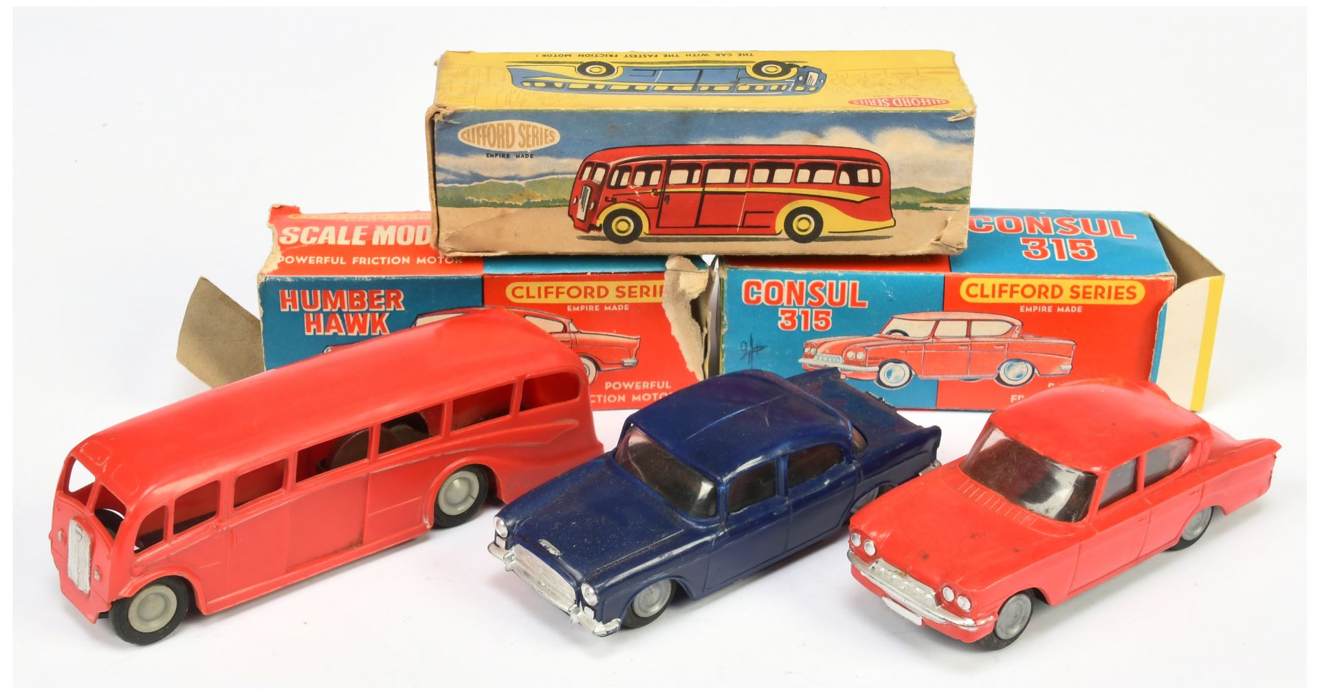 Plastic Made Group Of Cars To Include Clifford series Coach - Red, Consul - red and Humber hawk -...