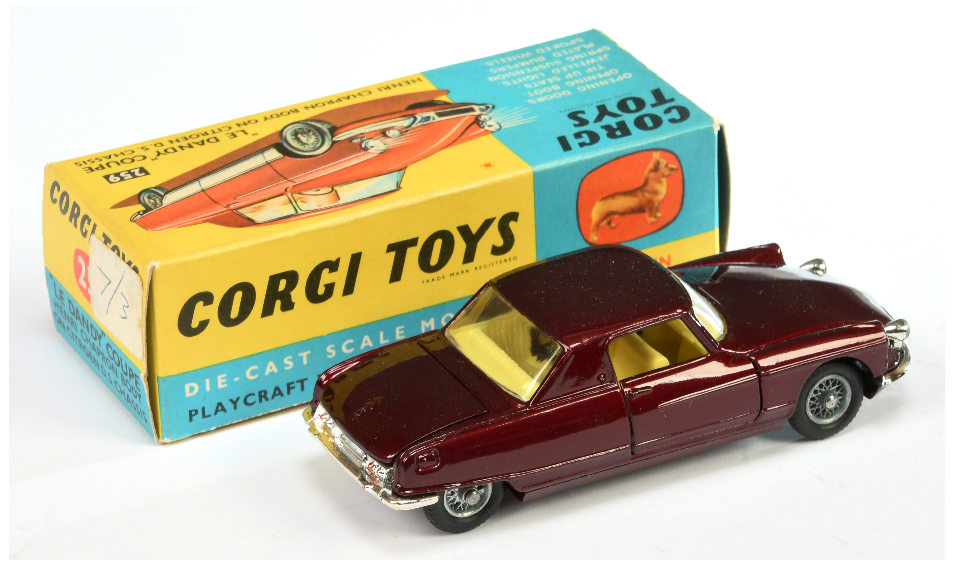 Corgi Toys 259 Le Dandy Coupe - Metallic Maroon, yellow interior chrome trim and wire wheels  - Image 2 of 2