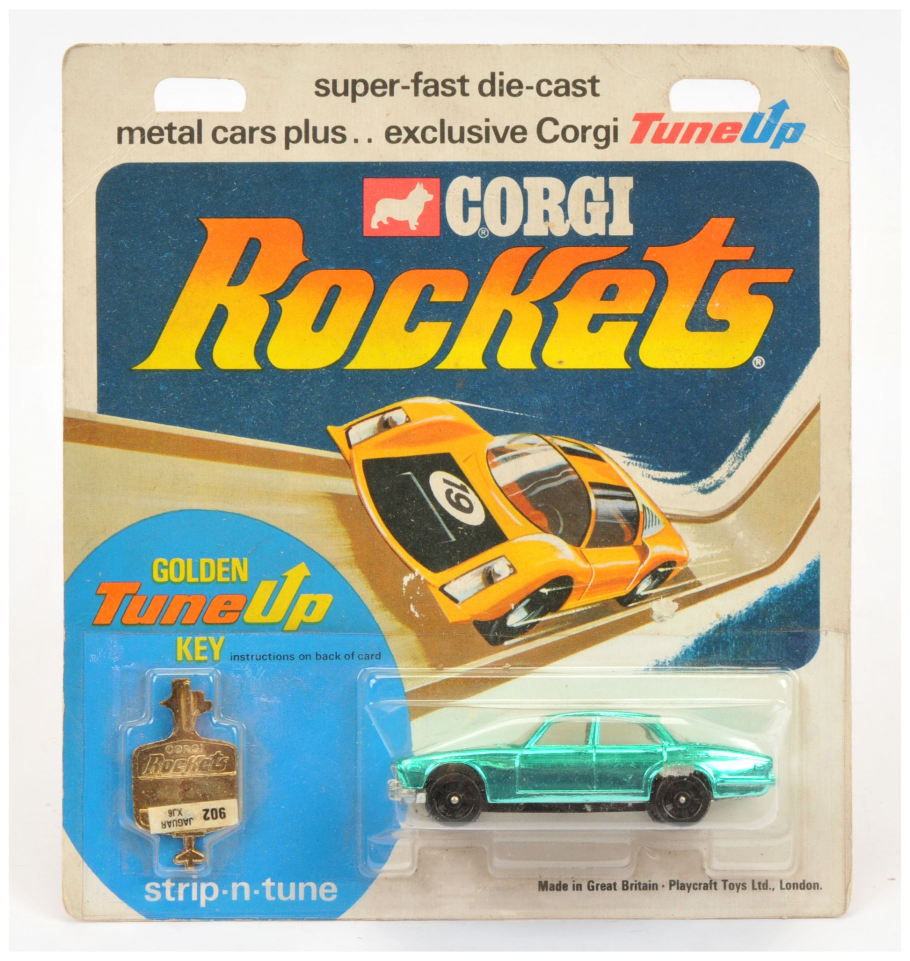 Corgi Toys Rockets D902 Jaguar XJ6 Saloon - Metallic Green, white interior and clear windows with...