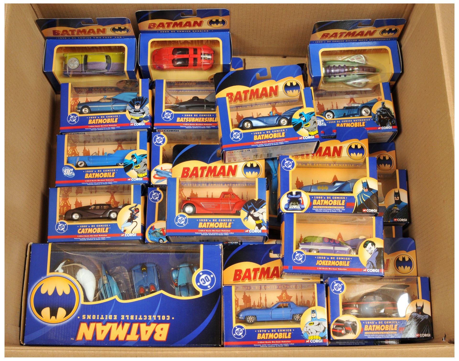 Corgi "Batman" Group Of 22 To include - Two-face car, Redbird, 1970's Batmobile, plus others incl...