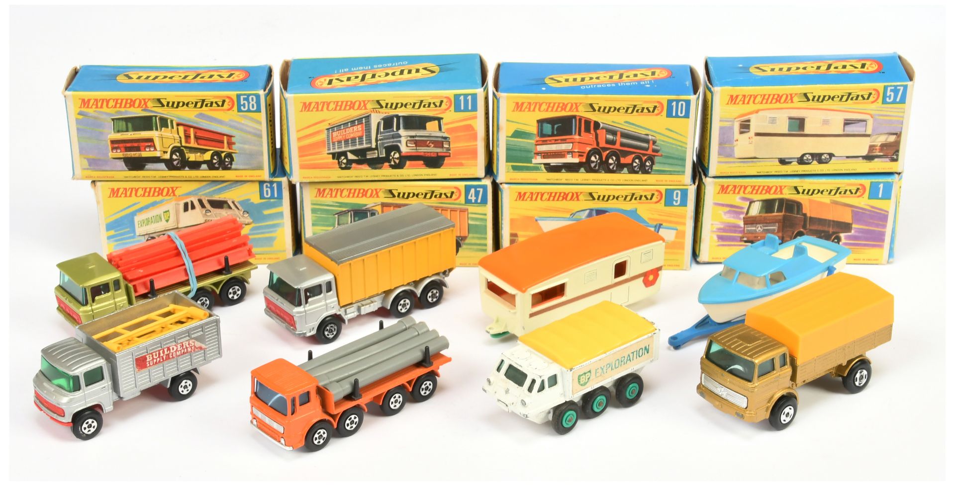 Matchbox Superfast Group To Include - 1a Mercedes Truck - Gold body, yellow plastic cover  9a Boa...