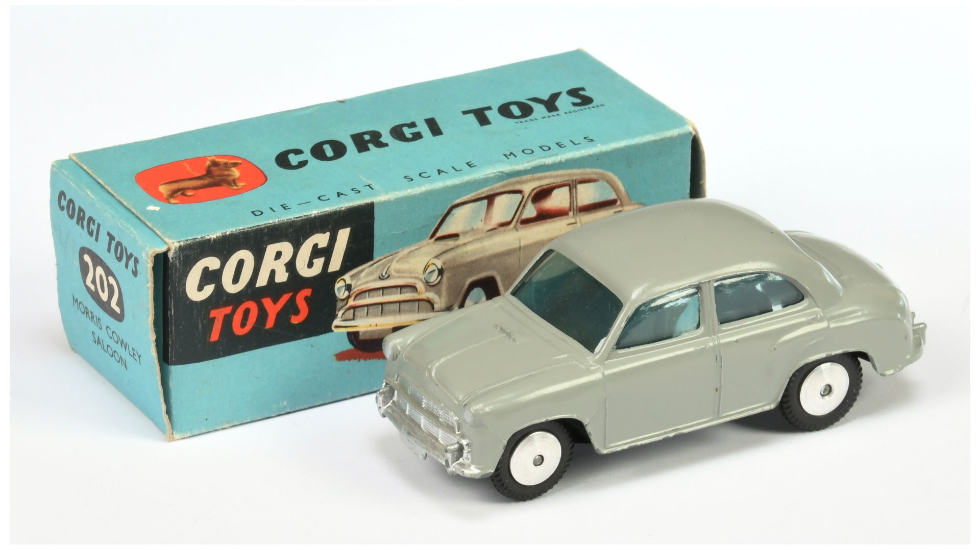 Corgi Toys 202 Morris Cowley Saloon - Grey body, silver trim, flat spun hubs - Good Plus bright e...