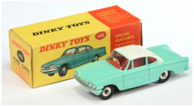 Dinky Toys 143 Ford Capri - Turquoise, white roof, red interior, silver and chrome spun hubs