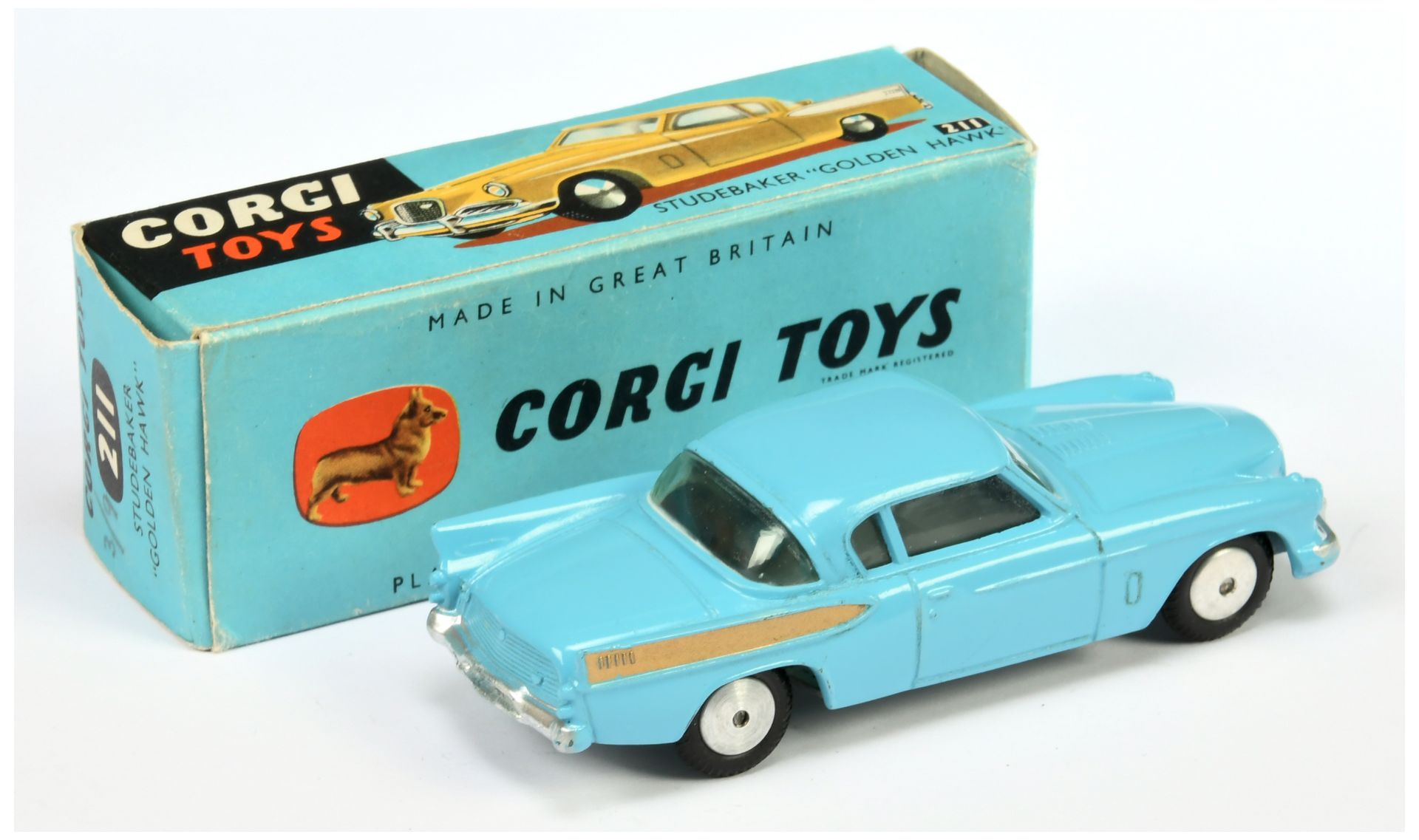 Corgi Toys 211 Studebaker Golden Hawk - Blue body, gold flashes, silver trim and flat spun hubs  - Bild 2 aus 2