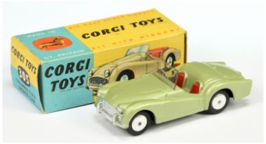 Corgi Toys 305 Triumph TR3 Sports Car - Light green body,  red seats, silver trim and flat spun hubs