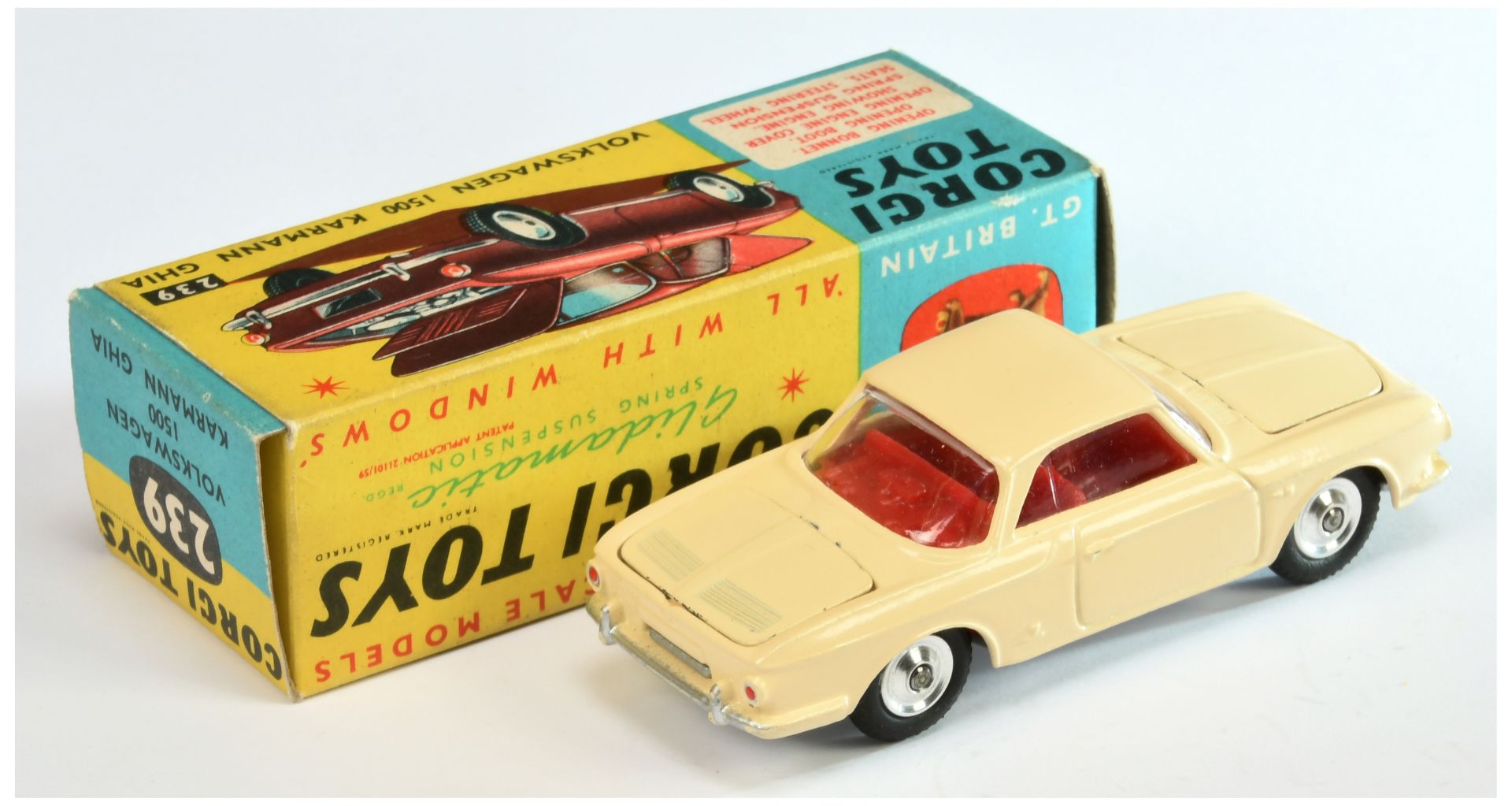 Corgi Toys 239 Volkswagen 1500 Karmann Ghia - Cream body, red interior, silver trim, spun hubs an... - Image 2 of 2