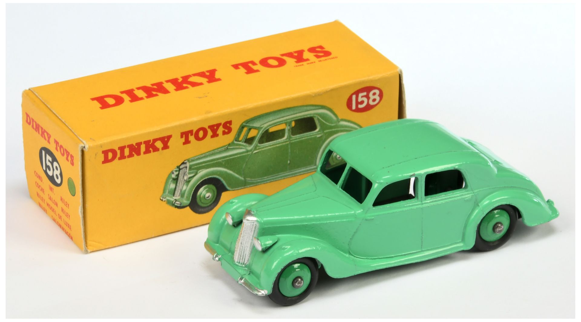 Dinky Toys 158 Riley saloon - , Light green body, Mid-green rigid hubs, silver trim large basepla...