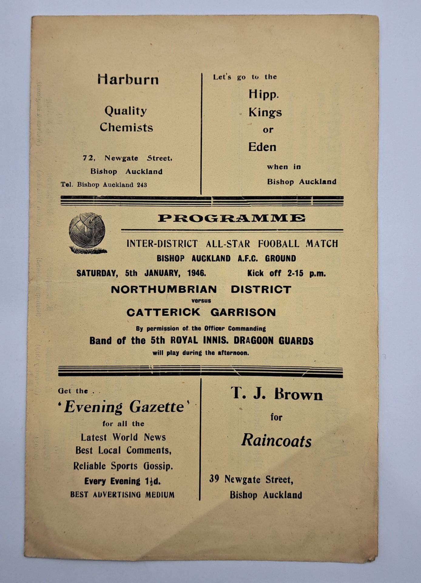 Bishop Auckland early 1940's Football Programme. An Inter District All-Star Football