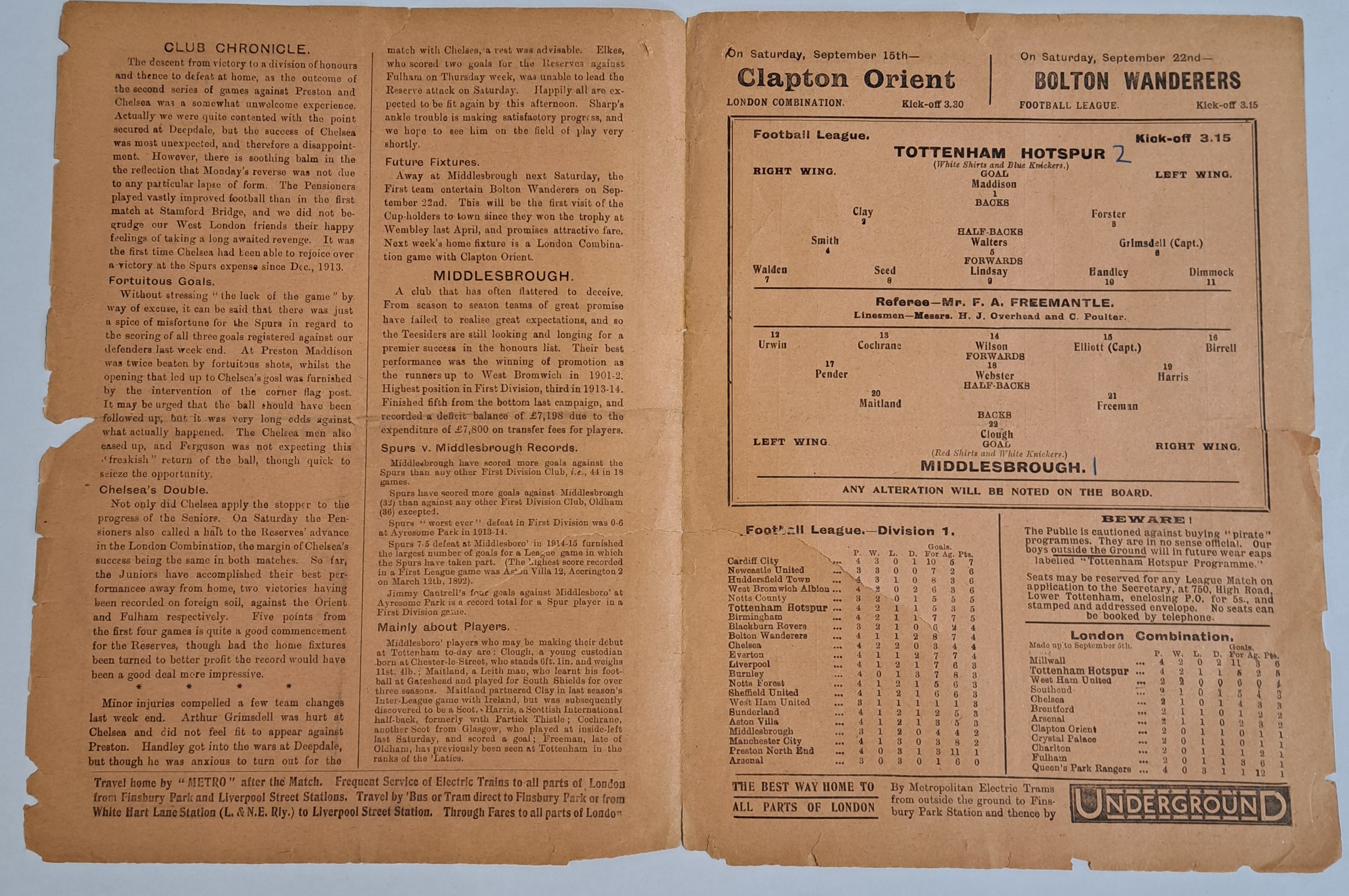 Tottenham Hotspur V Middlesbrough 1923 Pre-War (2nd World War) Football Programme - Image 3 of 4