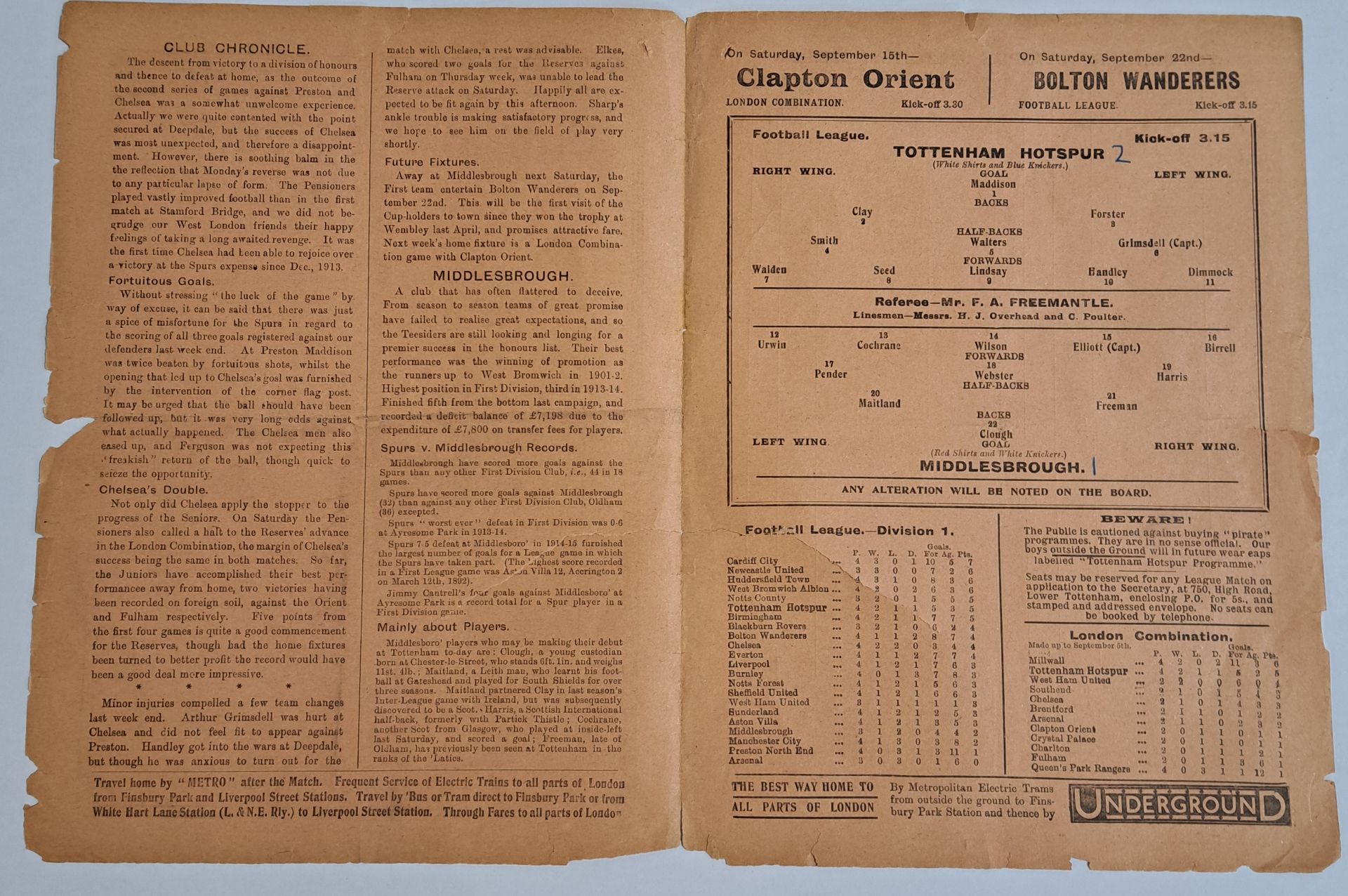 Tottenham Hotspur V Middlesbrough 1923 Pre-War (2nd World War) Football Programme - Image 3 of 4